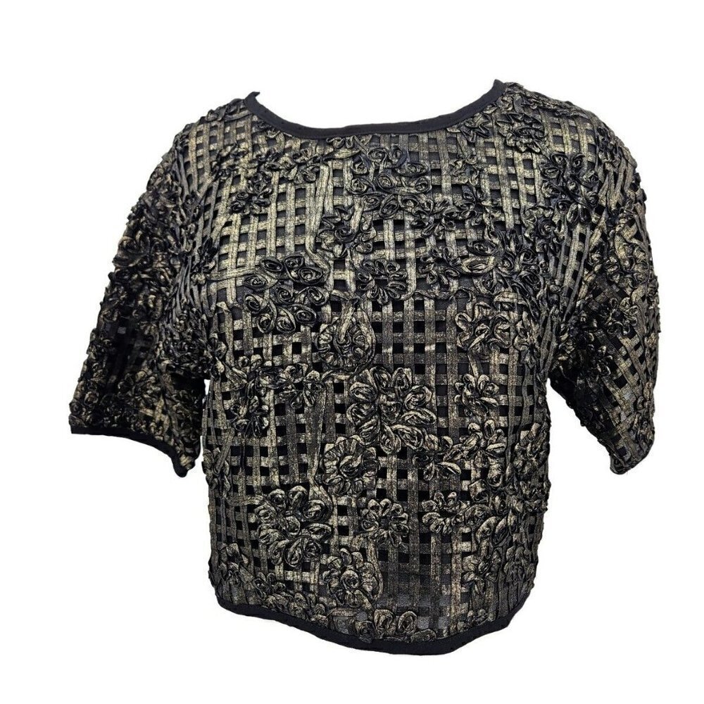 New Tov Holy Crop Blouse Womens 42 L? Metallic Brown Gold Floral Lattice